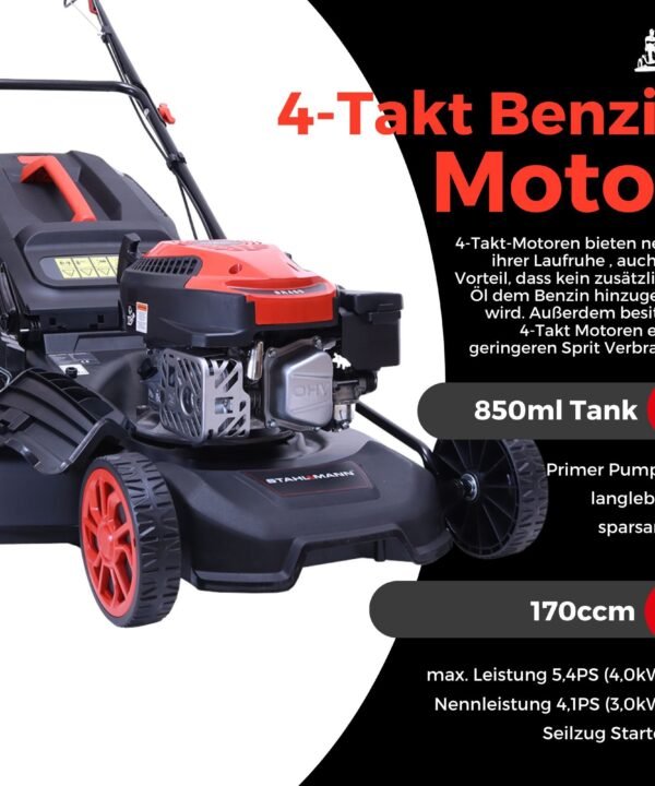 Stahlmann Benzinrasenmäher Rasenmäher Benzin mit Antrieb BR460 – 5,4PS (4,0kW) 170ccm mit Antrieb, 46 cm Schnittbreite, 46cm Schnittbreite, Mulchen, EasyClean, Große Räder, 60L Korb - Image 3