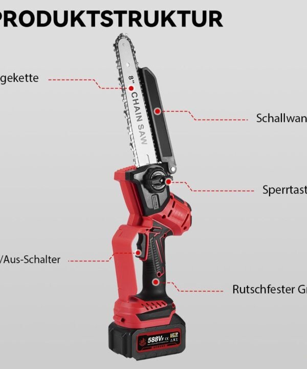 ONEVAN Akku-Hochentaster 8 Zoll Mini Kettensäge 2-In-1 Bürstenlose Teleskop Kettensäge, bis 2,01 m Arbeitshöhe, mit 2X Akku, 180° Abwinkelbarer,bis zu 2.01 m Arbeitslänge - Image 9