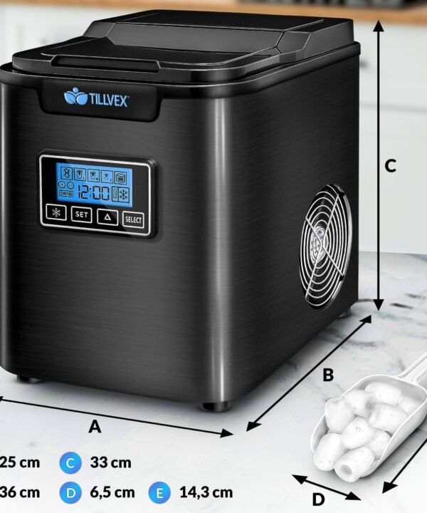tillvex Eiswürfelmaschine Ice Maker 12 kg - 24 h Edelstahl, Mit Timer & LCD-Display, 2,2L Wassertank & Selbstreinigungsfunktion, 3 Eiswürfel Größen - Image 5