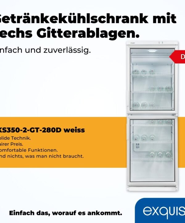 exquisit Getränkekühlschrank GKS350-2-GT-280D weiss, 173 cm hoch, 60 cm breit, 320 L Volumen, Getränkekühlschrank mit Glastür, LED - Image 4