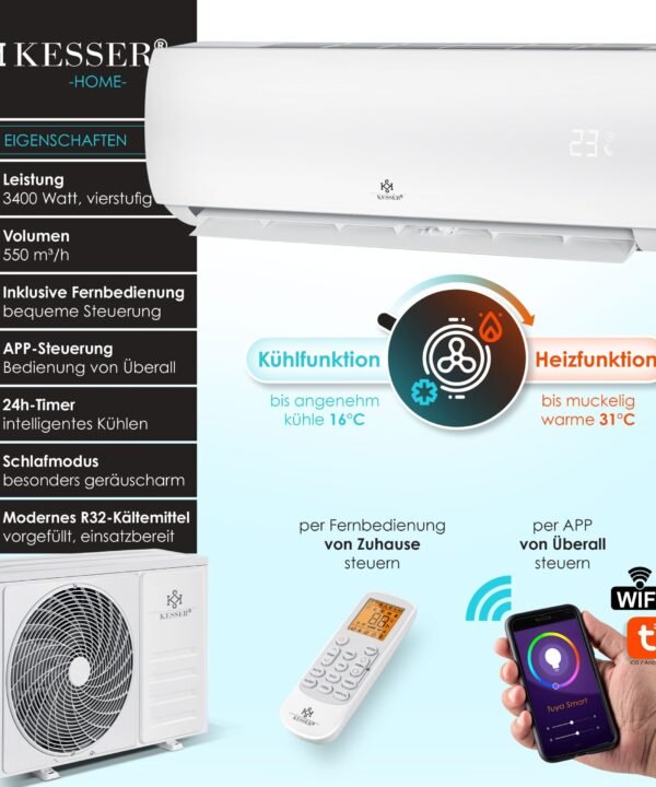 KESSER Split-Klimagerät Klimaanlage Set Split - mit WiFi/App Funktion Klimagerät 12000 BTU/h, Kühlen A++/ Heizen A+ - 3400 Watt Kältemittel R32 - Image 3