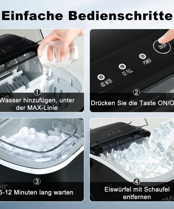 7MAGIC Eiswürfelmaschine 1,2L Eiswürfelbereiter, 9 Eiswürfel in 6 Min, 12kg/24h, LCD Display, leise Eiswürfel Maschine - Image 4