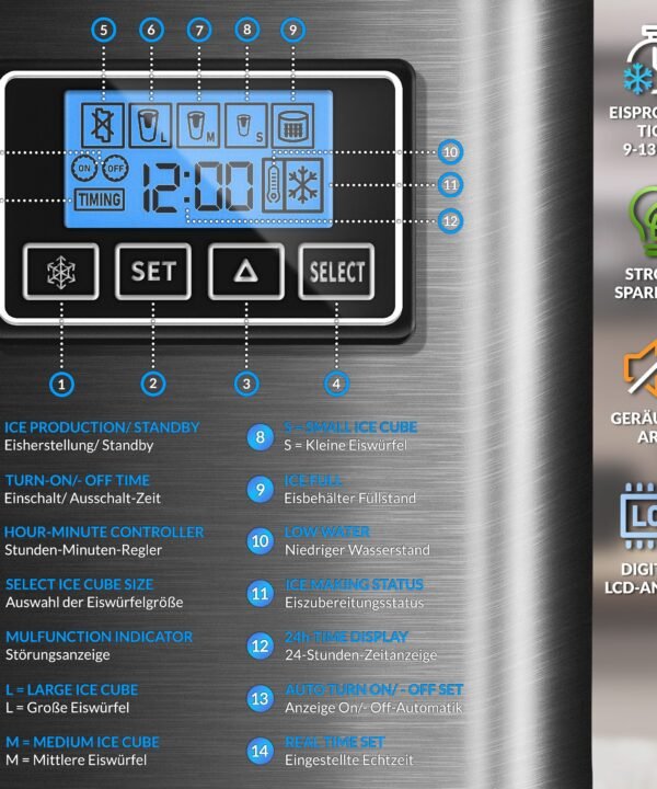 tillvex Eiswürfelmaschine Ice Maker 12 kg - 24 h Edelstahl, Mit Timer & LCD-Display, 2,2L Wassertank & Selbstreinigungsfunktion, 3 Eiswürfel Größen - Image 3
