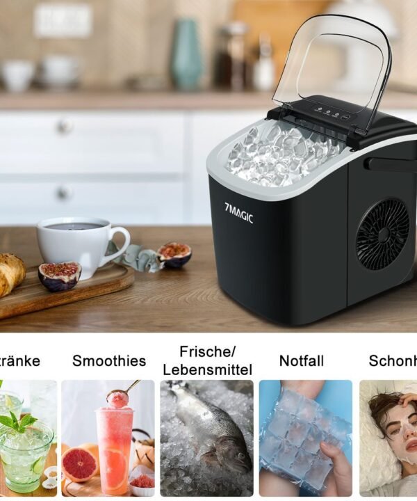 7MAGIC Eiswürfelmaschine 1,2L Eiswürfelbereiter, 9 Eiswürfel in 6 Min, 12kg/24h, LCD Display, leise Eiswürfel Maschine - Image 5
