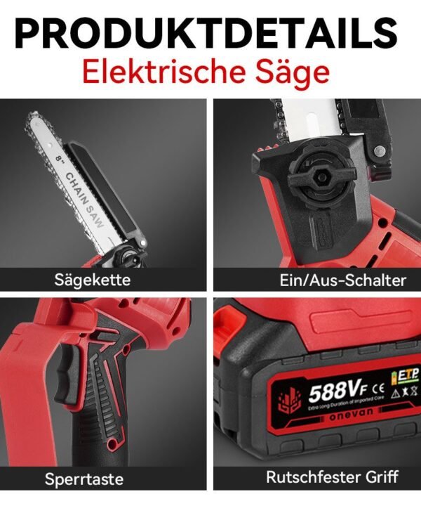 ONEVAN Akku-Hochentaster 8 Zoll Mini Kettensäge 2-In-1 Bürstenlose Teleskop Kettensäge, bis 2,01 m Arbeitshöhe, mit 2X Akku, 180° Abwinkelbarer,bis zu 2.01 m Arbeitslänge - Image 6