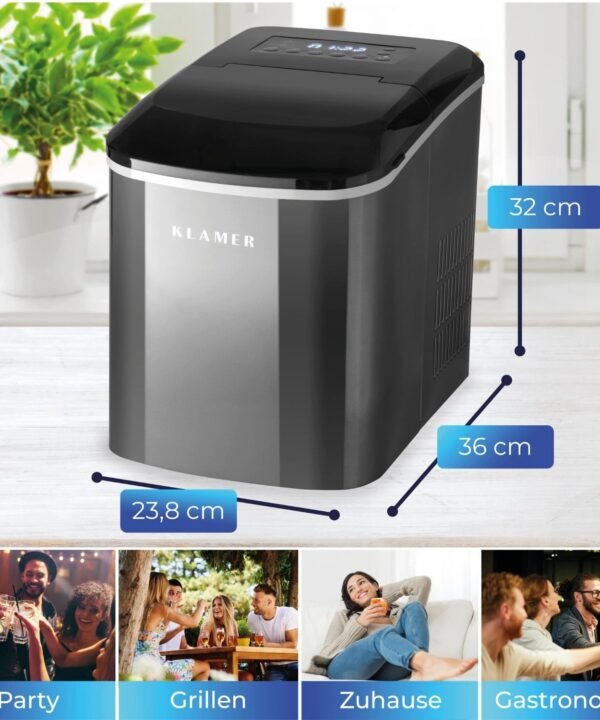 KLAMER Eiswürfelmaschine 10 Eiswürfel in 7-9 Minuten, 15 kg Eiswürfel pro Tag, 2 Eiswürfelgröß…, 120W, 2,1L Wassertank, Signallampe, Auto-Reinigung, mit Eisschaufel - Image 6