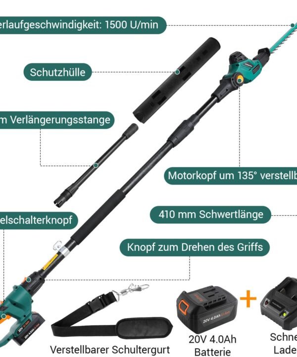 TLGREEN Akku-Heckenschere,Teleskop-Heckenschere Akku, Winkelverstellbare Heckenschere, bis 4,00 m Arbeitshöhe, mit 20V 4,0Ah Li-Ion Akku/Ladegerät, Akku Strauchschere - Image 8
