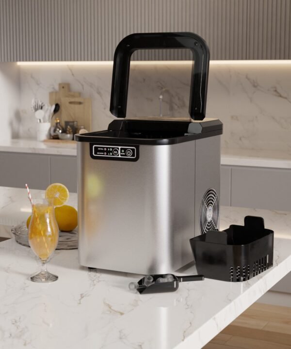 TroniTechnik Eiswürfelmaschine Eiswürfelmaschine Ice Maker Eiswürfelbereiter inkl. Schaufel, Behälter, 2,2 Liter Wassertank, 12kg/24h, Würfelgrößen S/L, 150W, silber - Image 8