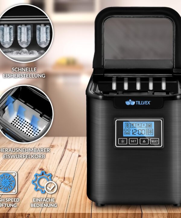 tillvex Eiswürfelmaschine Ice Maker 12 kg - 24 h Edelstahl, Mit Timer & LCD-Display, 2,2L Wassertank & Selbstreinigungsfunktion, 3 Eiswürfel Größen - Image 2