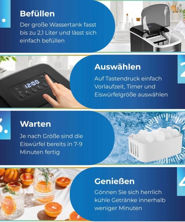 KLAMER Eiswürfelmaschine 10 Eiswürfel in 7-9 Minuten, 15 kg Eiswürfel pro Tag, 2 Eiswürfelgröß…, 120W, 2,1L Wassertank, Signallampe, Auto-Reinigung, mit Eisschaufel - Image 9