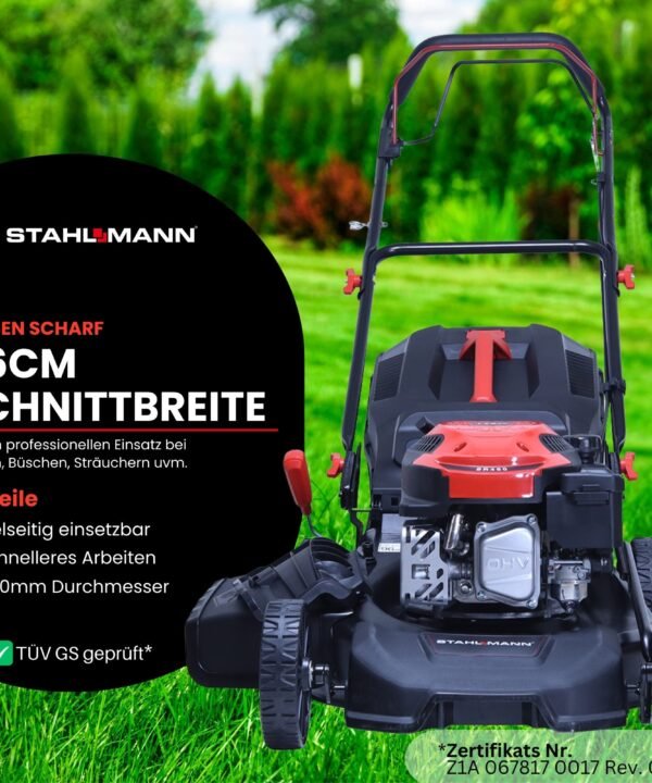Stahlmann Benzinrasenmäher Rasenmäher Benzin mit Antrieb BR460 – 5,4PS (4,0kW) 170ccm mit Antrieb, 46 cm Schnittbreite, 46cm Schnittbreite, Mulchen, EasyClean, Große Räder, 60L Korb - Image 4