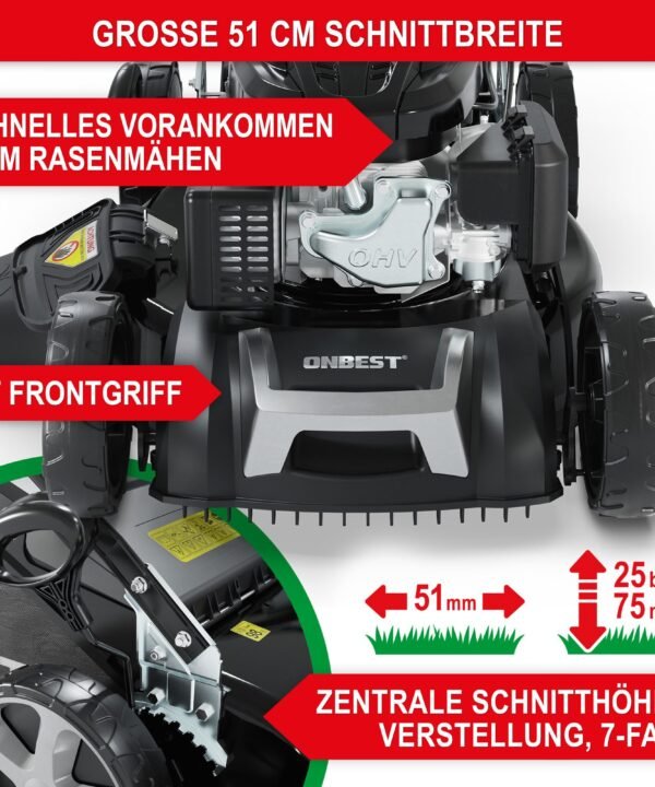 Onbest Benzinrasenmäher mit Antrieb Tornado X-Cut 5in1 Doppelmesser, 51 cm Schnittbreite, 6,5 PS, Mulchkit, Sograd-Lüfterrad - Image 4