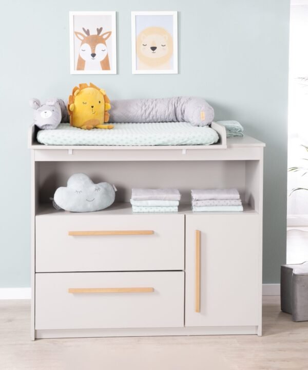 roba® Babymöbel-Set Lea - modernes schlichtes Babyzimmer Set aus Holz, (2-teiliges Set, Wickelkommode & Babybett 70 x 140 cm höhenverstellbar, Schlupfsprossen), Modernes Kinderzimmer mit Griffen aus Massivholz- Beige / Grau - Image 2