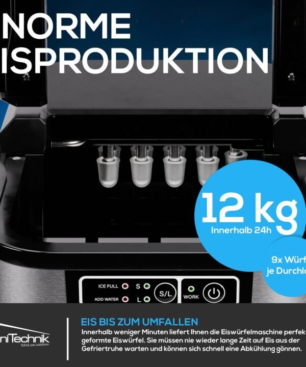 TroniTechnik Eiswürfelmaschine Eiswürfelmaschine Ice Maker Eiswürfelbereiter inkl. Schaufel, Behälter, 2,2 Liter Wassertank, 12kg/24h, Würfelgrößen S/L, 150W, silber - Image 5