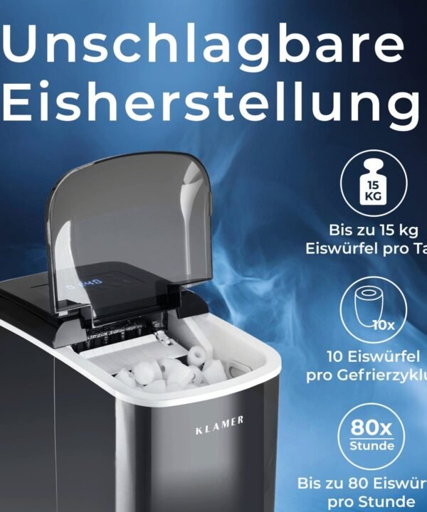KLAMER Eiswürfelmaschine 10 Eiswürfel in 7-9 Minuten, 15 kg Eiswürfel pro Tag, 2 Eiswürfelgröß…, 120W, 2,1L Wassertank, Signallampe, Auto-Reinigung, mit Eisschaufel - Image 4