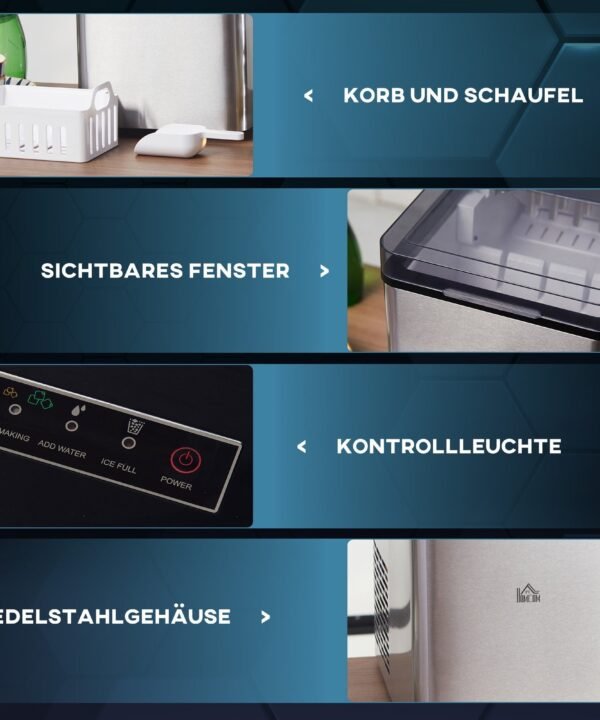 HOMCOM Eiswürfelmaschine Eiswürfelbereiter, 5 kg/24h 1,6 L, Ice Maker mit 2,1 L Wassertank, BxLxH: 37,5x25,2x31,2 cm, Schwarz - Image 7