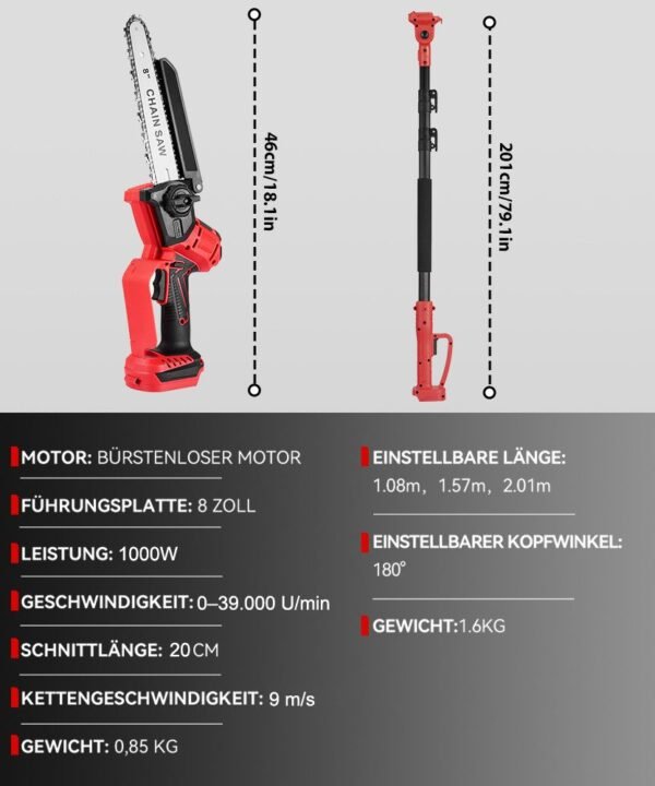 ONEVAN Akku-Hochentaster 8 Zoll Mini Kettensäge 2-In-1 Bürstenlose Teleskop Kettensäge, bis 2,01 m Arbeitshöhe, mit 2X Akku, 180° Abwinkelbarer,bis zu 2.01 m Arbeitslänge - Image 10