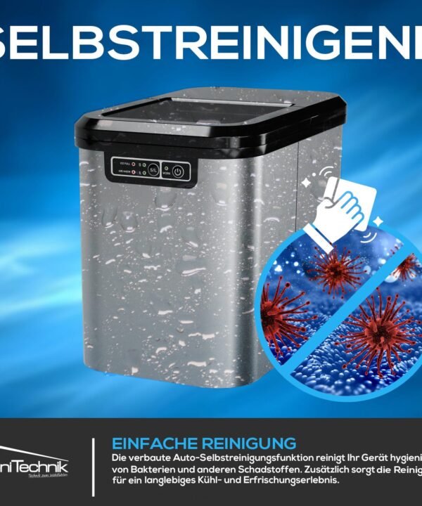 TroniTechnik Eiswürfelmaschine Eiswürfelmaschine Ice Maker Eiswürfelbereiter inkl. Schaufel, Behälter, 2,2 Liter Wassertank, 12kg/24h, Würfelgrößen S/L, 150W, silber - Image 6