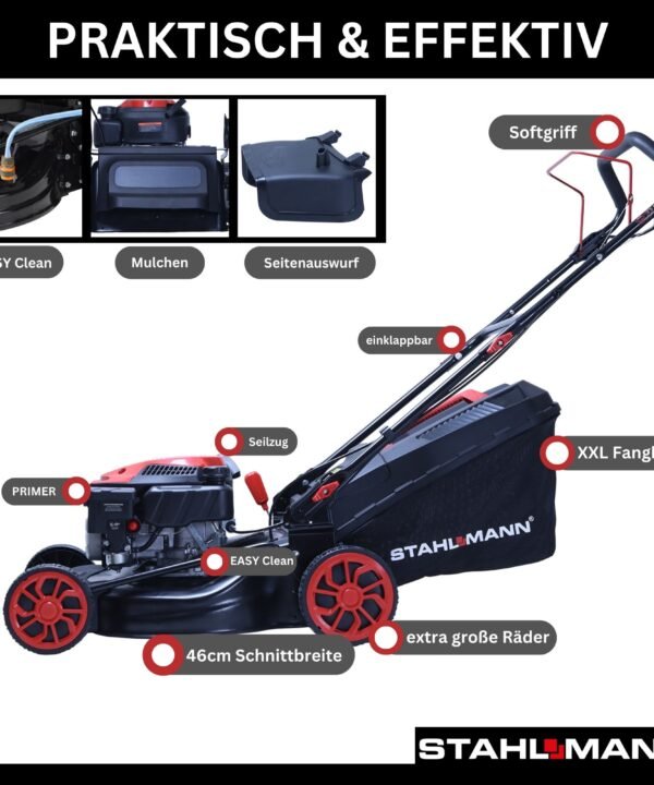 Stahlmann Benzinrasenmäher Rasenmäher Benzin mit Antrieb BR460 – 5,4PS (4,0kW) 170ccm mit Antrieb, 46 cm Schnittbreite, 46cm Schnittbreite, Mulchen, EasyClean, Große Räder, 60L Korb - Image 2