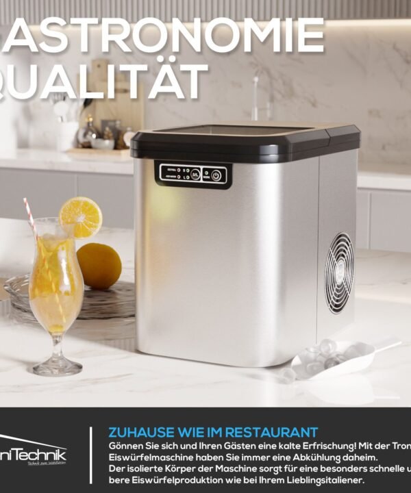 TroniTechnik Eiswürfelmaschine Eiswürfelmaschine Ice Maker Eiswürfelbereiter inkl. Schaufel, Behälter, 2,2 Liter Wassertank, 12kg/24h, Würfelgrößen S/L, 150W, silber - Image 3