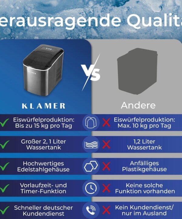 KLAMER Eiswürfelmaschine 10 Eiswürfel in 7-9 Minuten, 15 kg Eiswürfel pro Tag, 2 Eiswürfelgröß…, 120W, 2,1L Wassertank, Signallampe, Auto-Reinigung, mit Eisschaufel - Image 7