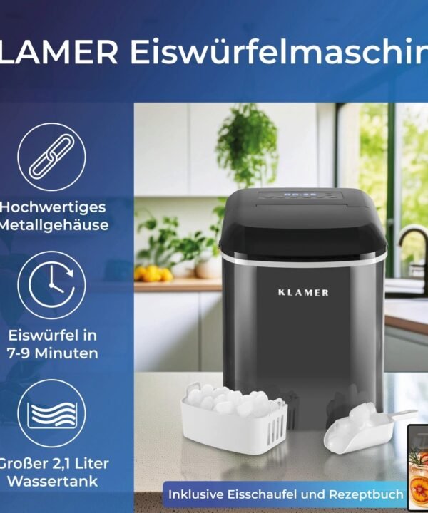 KLAMER Eiswürfelmaschine 10 Eiswürfel in 7-9 Minuten, 15 kg Eiswürfel pro Tag, 2 Eiswürfelgröß…, 120W, 2,1L Wassertank, Signallampe, Auto-Reinigung, mit Eisschaufel - Image 2
