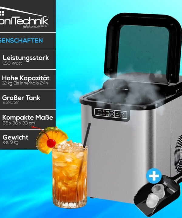 TroniTechnik Eiswürfelmaschine Eiswürfelmaschine Ice Maker Eiswürfelbereiter inkl. Schaufel, Behälter, 2,2 Liter Wassertank, 12kg/24h, Würfelgrößen S/L, 150W, silber - Image 2